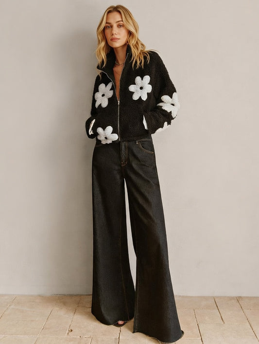 Floriviva Teddy Damesjas met Bloemenprint en Hoge Kraag