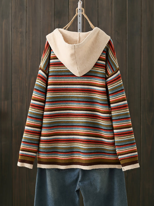 Randig gebreide hoodie met trekkoord