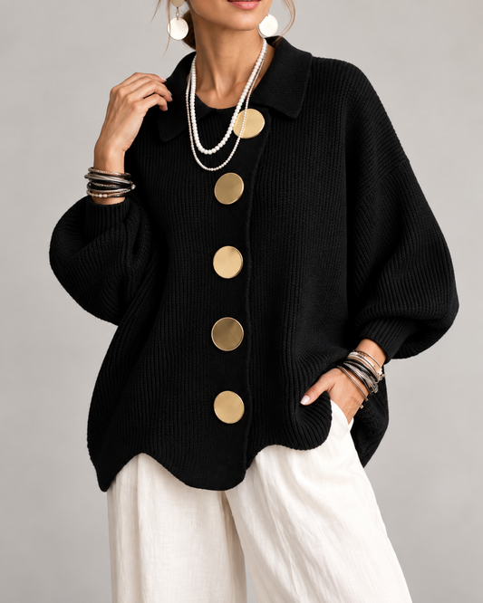 Fleur Oversized Gebreid Damesvest met Kraag en Knopen