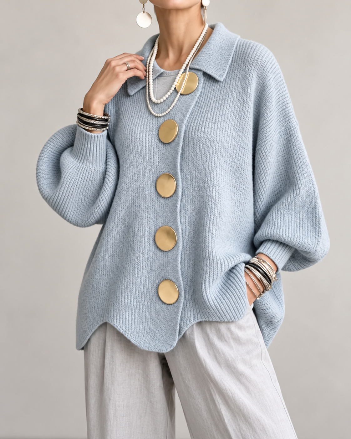 Fleur Oversized Gebreid Damesvest met Kraag en Knopen