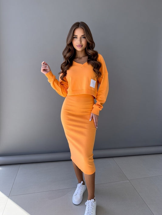 Lunaria Tweedelige Midi Jurk Set met Sweatshirt voor Dames