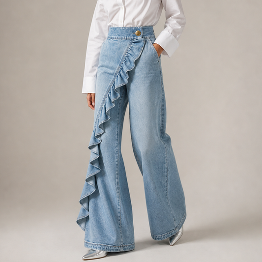Wijde dames-jeansbroek met asymmetrische volant in culotte-stijl.
