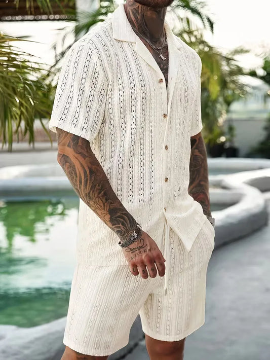 ZomerLuxe Heren Set met Jacquard Shirt en Comfort Short