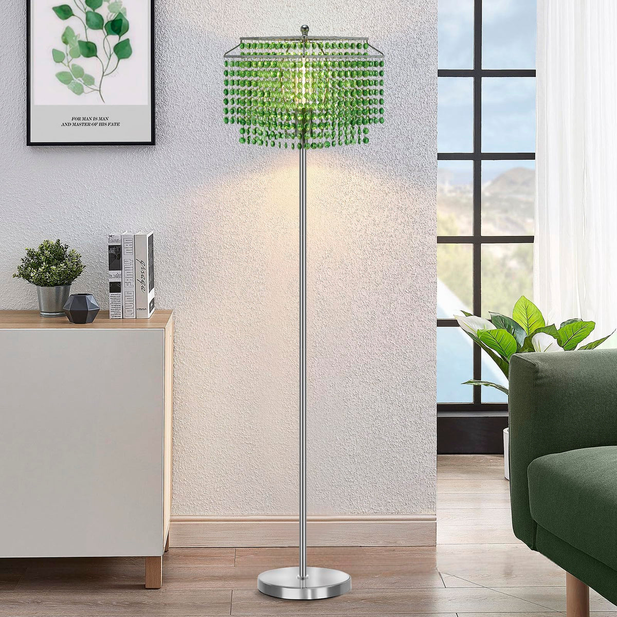 Kristalglans – Zilveren vloerlamp 164 cm met dubbele groene kap en voetschakelaar