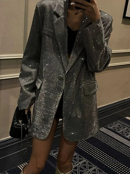Dames Glitterblazer met Ceintuur en Klassieke Reverskraag