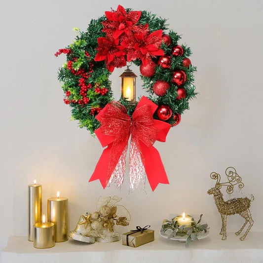 Kerstkrans met LED-lampen en strik
