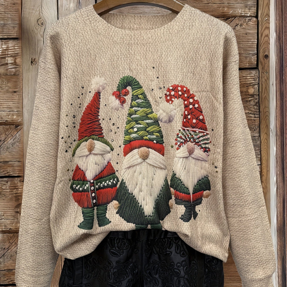 Kersttrui Dames met Geborduurde Kabouters – Ruim Gebreid Model