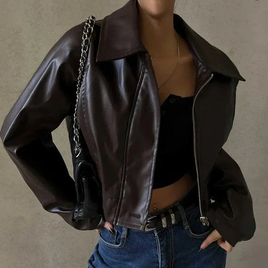 Elvara damesjas oversized imitatieleer kort model casual