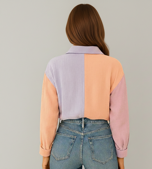 Dames Patchwork Blouse Amelise – Luchtig Comfort in Levendige Kleuren