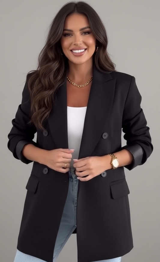 Elvora Lange Damesblazer met Dubbele Knoopsluiting