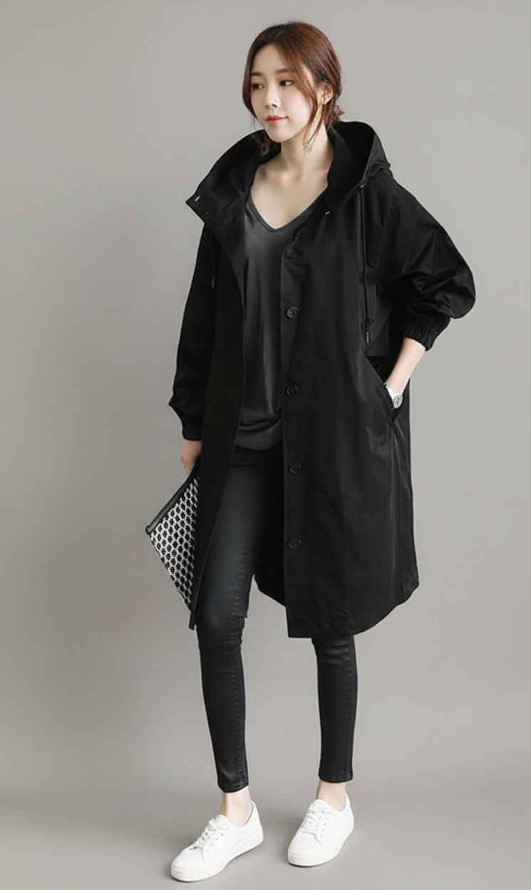 Elegante Waterdicht Damestrenchcoat voor het Regenseizoen met Capuchon