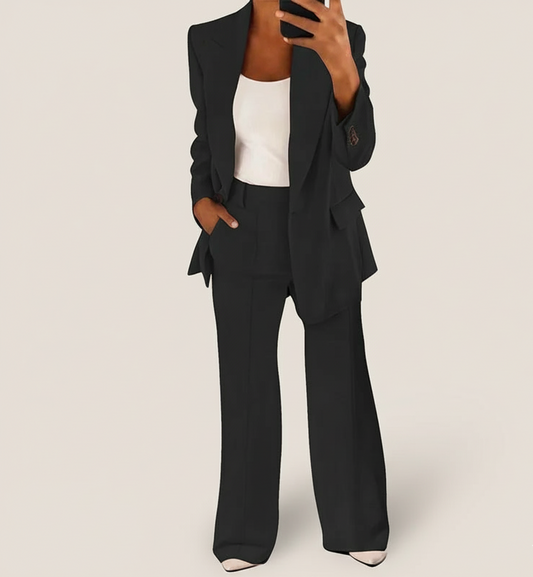 Elegante Dames Broekpak Set met Blazer en Wijde Pijpen
