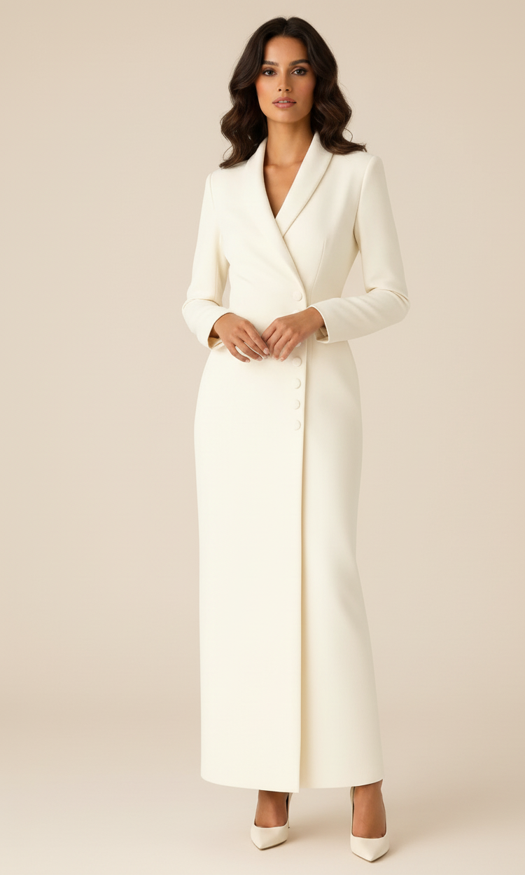 Lange Damesjas Aurora – Asymmetrische Sluiting & Elegante Pasvorm