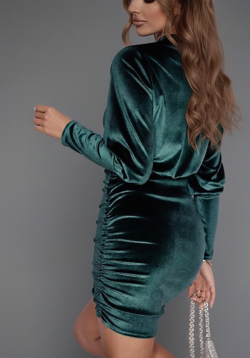 Smaragdglans Fluwelen Mini Jurk voor Dames met Gepofte Schouders