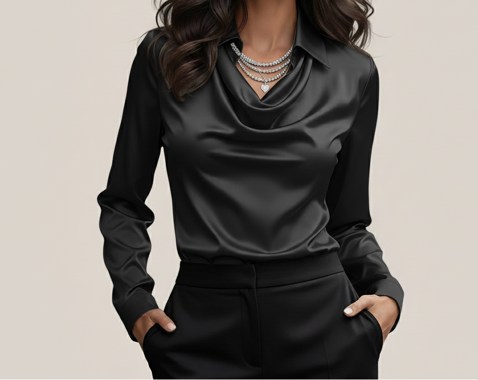 Satijnen Blouse Zilverdroom – Elegante damesblouse met watervalhals