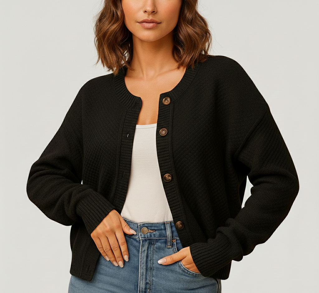 Dames Kort Gebreid Vest Elviane – Decoratieve Knopen