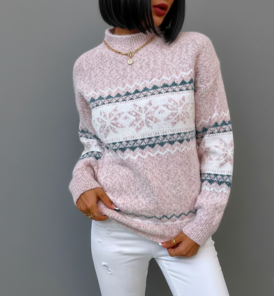 Dames Wintertrui met Scandinavisch Sneeuwvlokpatroon en Relaxed Fit