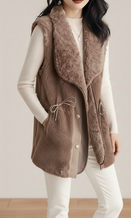 Zachte Teddy Bodywarmer Dames met Ceintuur en Elegante Kraag