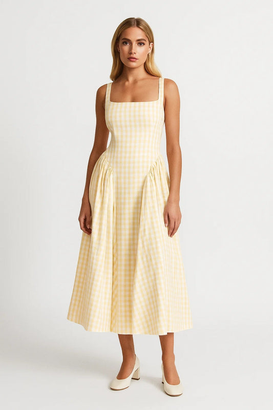 Zomerse Ruitpatroon Midi Jurk – Elegante Damesjurk met Bandjes