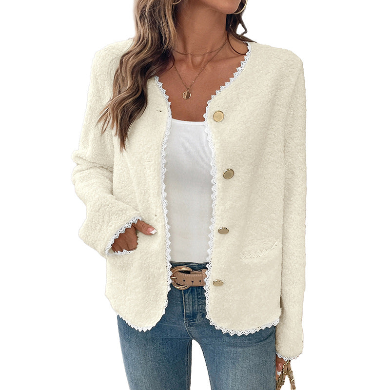Dames Teddyjack met Kantdetails en Ronde Halslijn