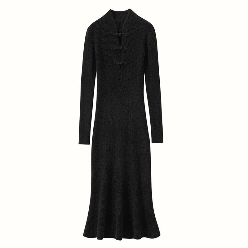 Dames Ribgebreide Midi Jurk met Hoge Kraag en Knopdetails