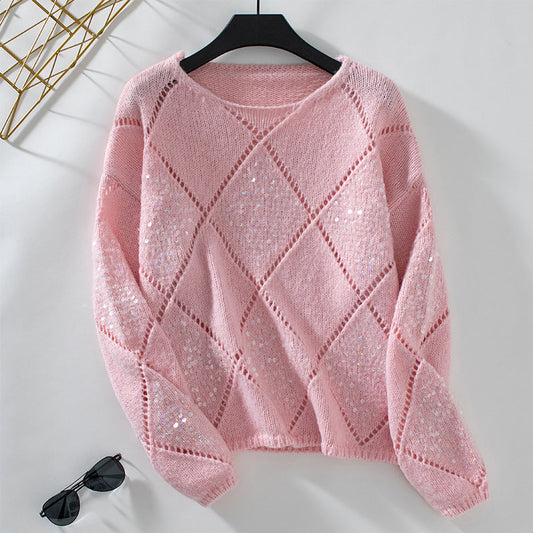 Glansweef Damestrui met Pailletten – Luchtige Pullover met Ronde Hals
