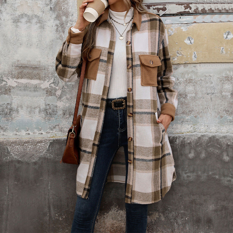 Dames Overshirt Geruit Lang Model met Knoopsluiting en Borstzakken