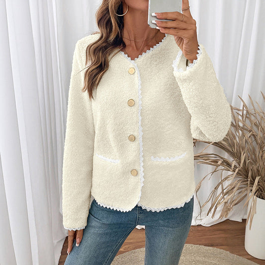 Dames Teddyjack met Kantdetails en Ronde Halslijn