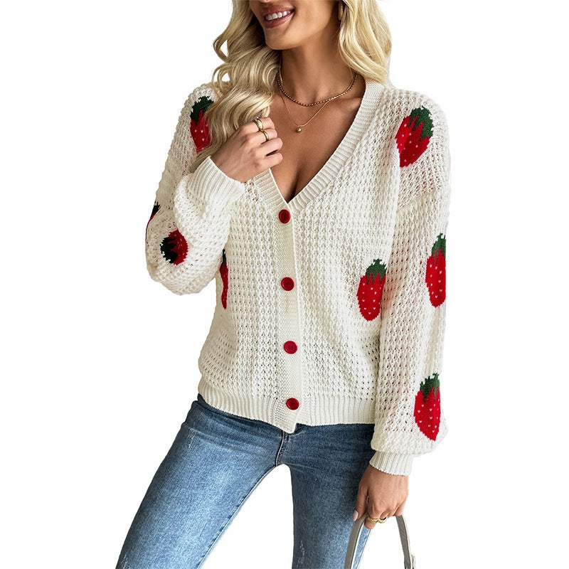 Gebreid Vest voor Dames met Aardbeienpatroon en V-hals