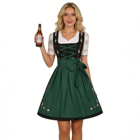 Groene Bloem Dames Dirndl Jurk met Borduursels en Vetersluiting