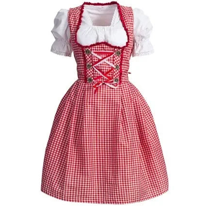 Dirndl jurk rood wit geruit met vetersluiting en witte blouse