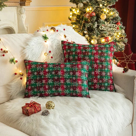 Kerst Kussenhoes 45x45 cm – Rood Groen met Sneeuwvlokmotief