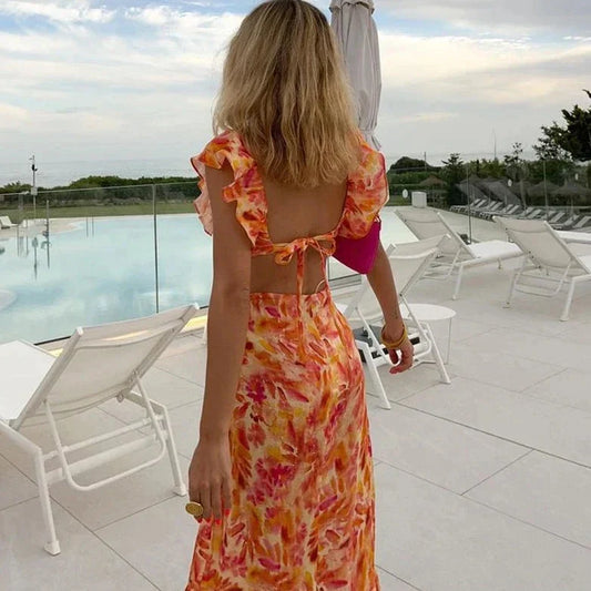 Soléa Maxi Jurk Dames met Open Rug, Ruches en Bloemenprint