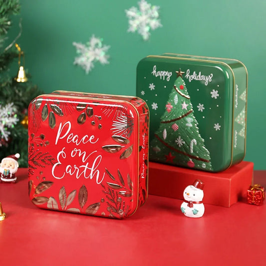 Vierkante Kerstbewaarblik voor Koekjes en Snoep met Rood-Groen Motief