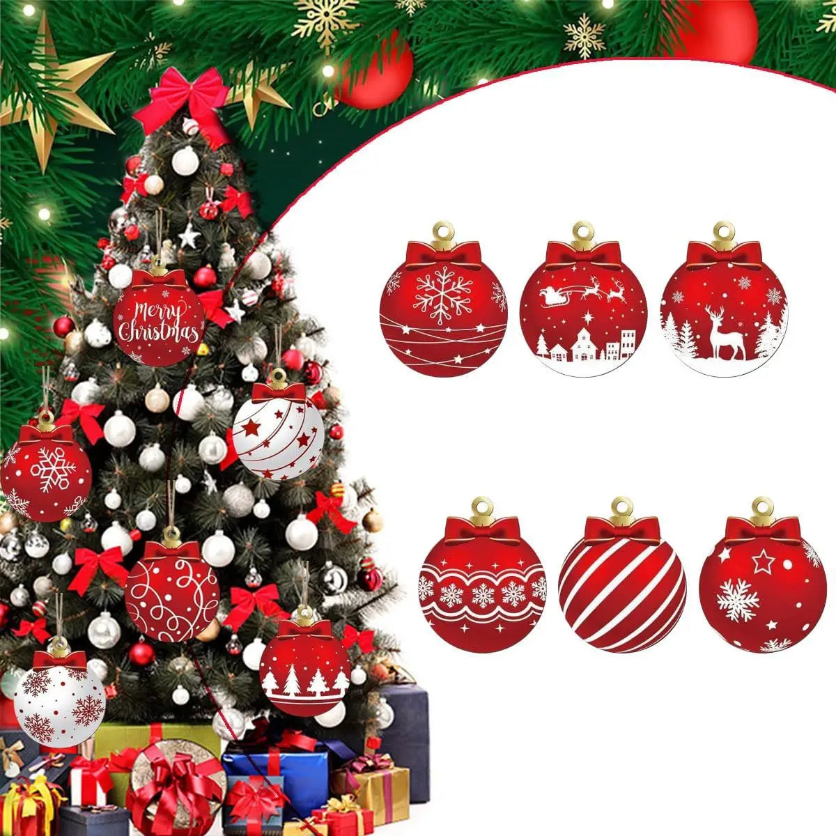 Kerstboom Hangers – Set van 12 Rode en Witte Kerstornamenten