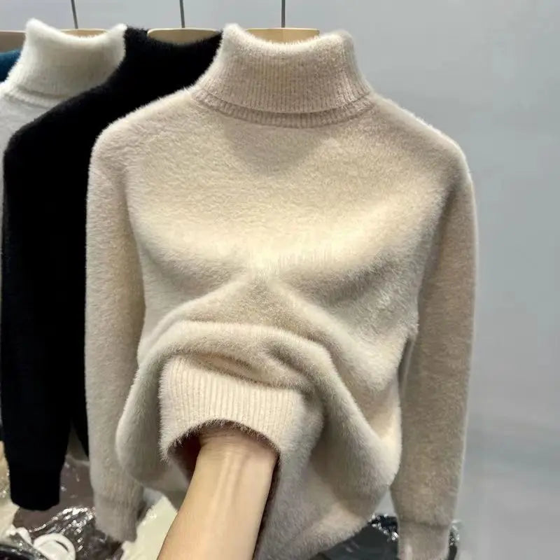 Zachte Hoge Hals Trui voor Dames in Fluffy Materiaal, Lange Mouwen