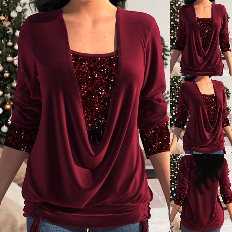 Livia Dames Feestblouse met Watervalhals en Pailletten