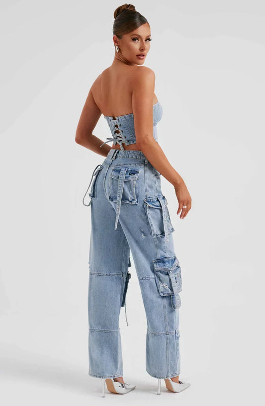 Livia Denim Set Dames met Korset Top en Cargo Jeans