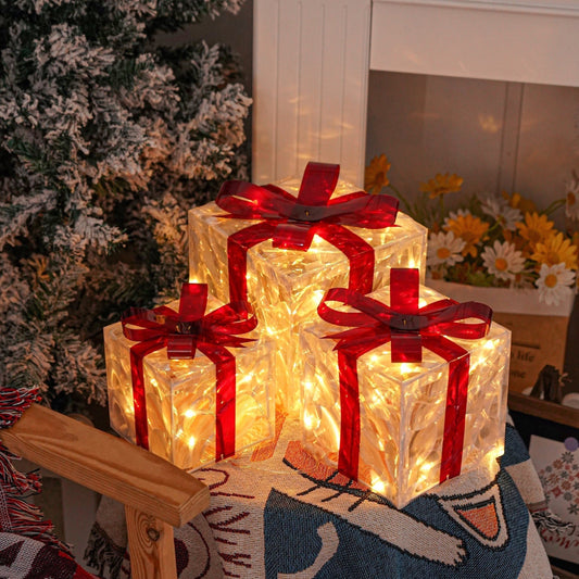 KerstGloed Verlichte Geschenkdozen Set van 3 met LED
