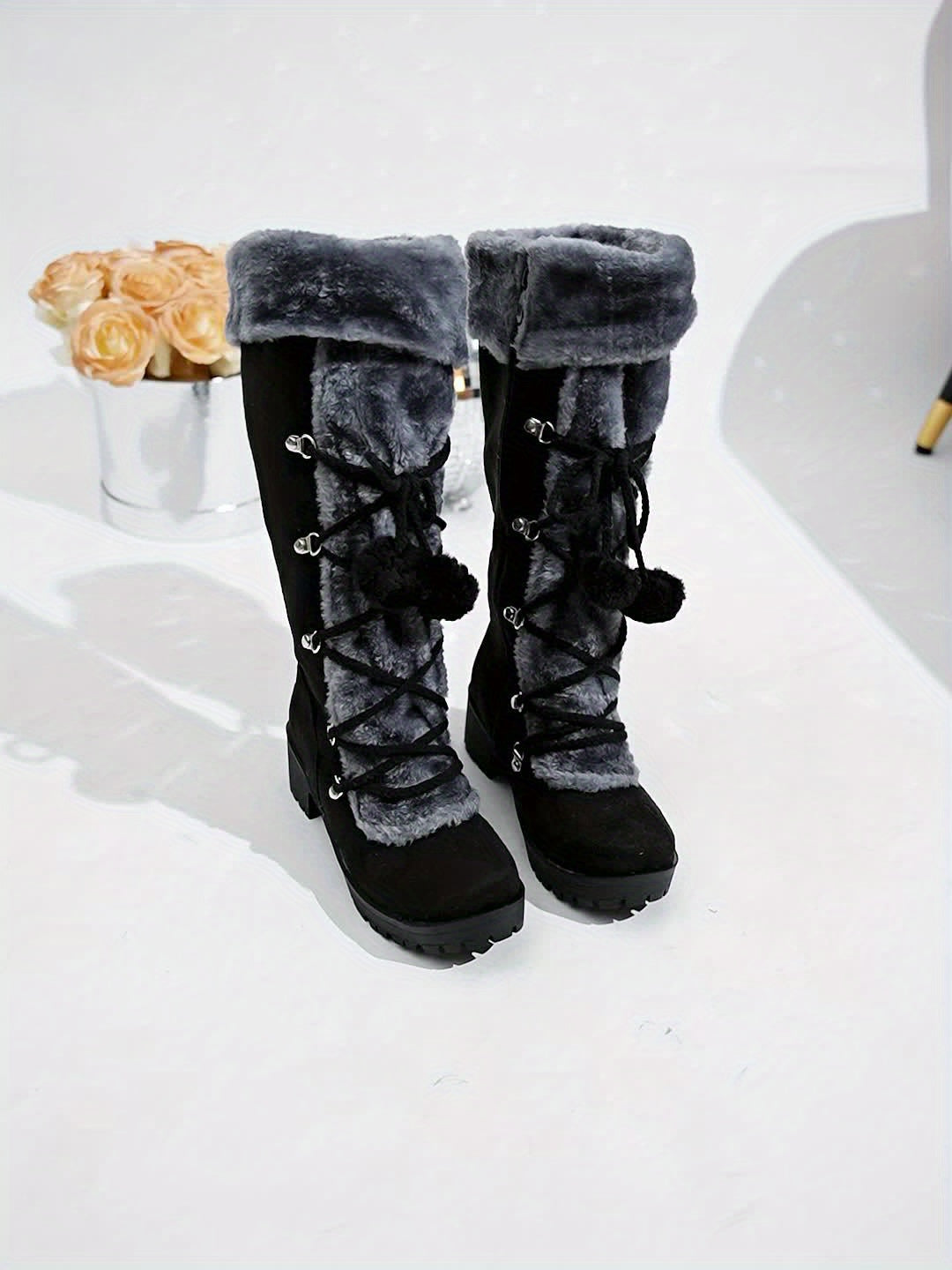 Damschoenen met nepbont en rits, zwart