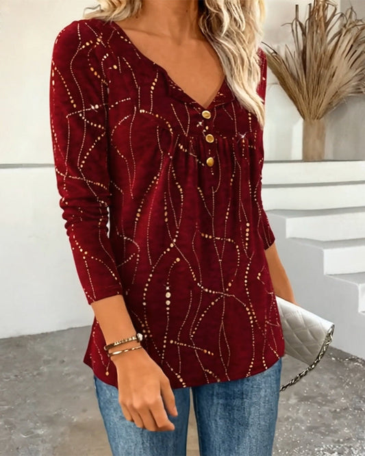 Goudsieraad Damesblouse met V-Hals, Goudprint en Lange Mouwen