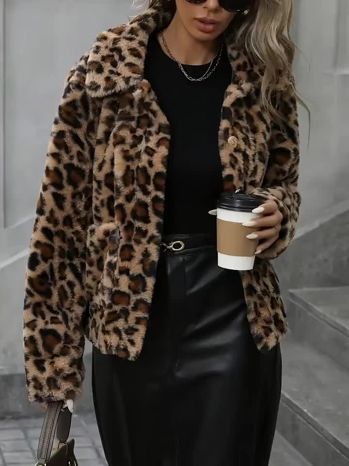 Leopardprint damesjas van nepbont met kraag en lange mouwen