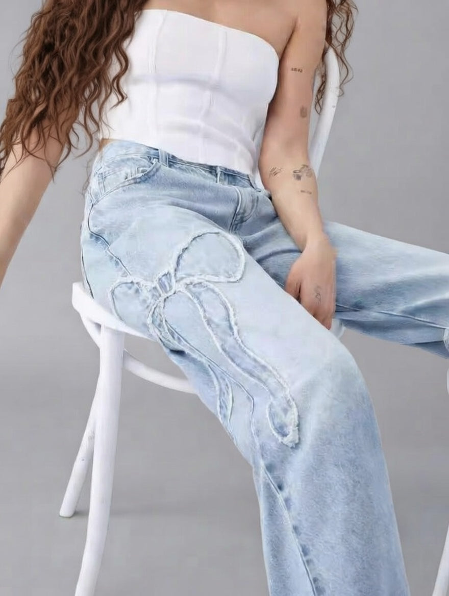Lunara Dames Strikdetail Jeans – Stijlvolle Denim Broek met Strikken