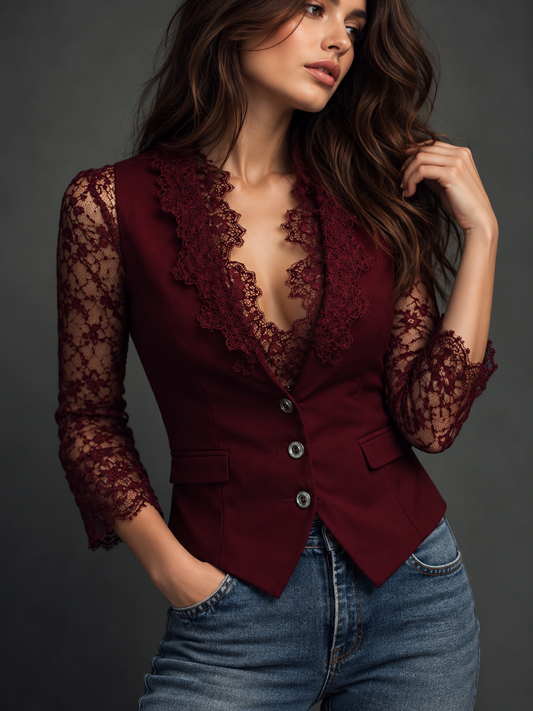 Elise Elegante Damesblazer met Kanten Mouwen – Verfijnde Look
