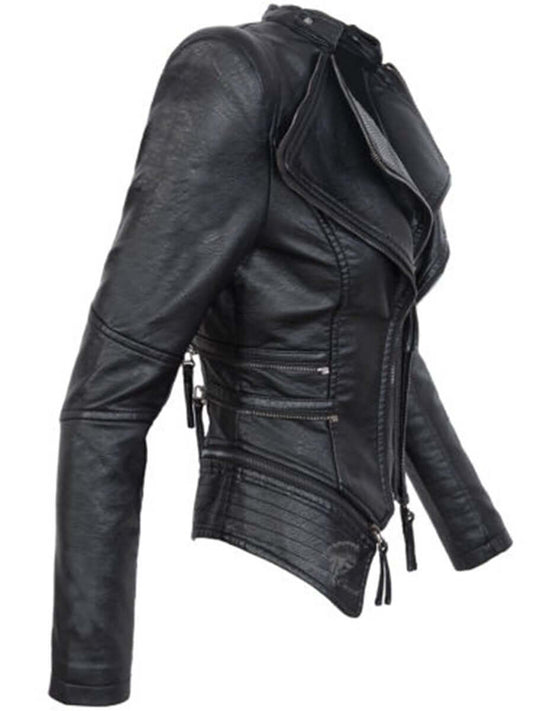 Dames Bikerjack Zwart met Asymmetrische Rits en Staande Kraag