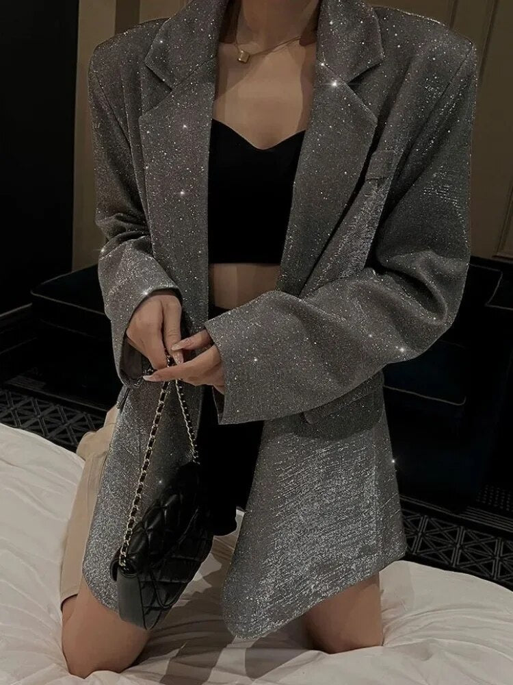 Dames Glitterblazer met Ceintuur en Klassieke Reverskraag