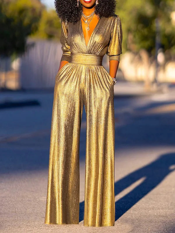 GlansLuxe Elegante Jumpsuit Dames V-hals Wijde Pijpen Feest Outfit