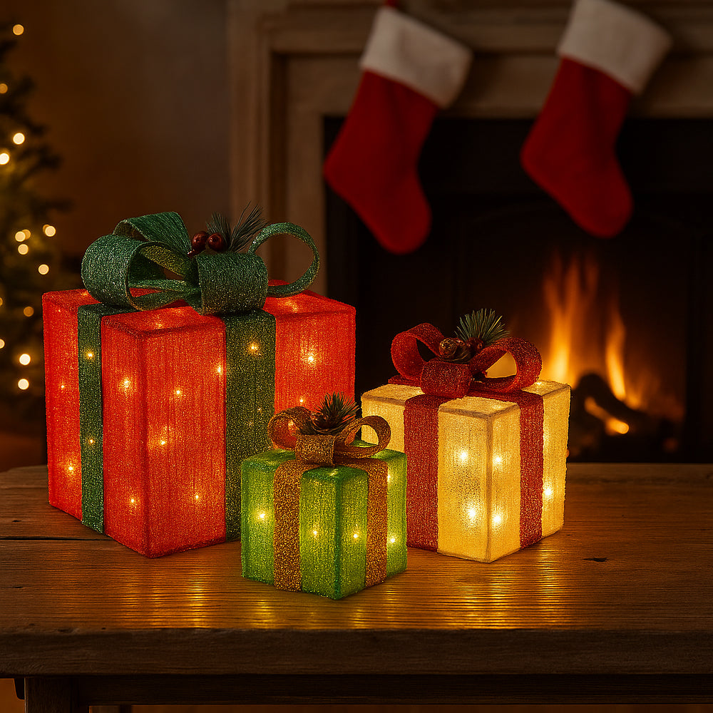 Verlichte Kerstcadeaudozen Lichtfeest Set van 3 met Warmwit Ledlicht