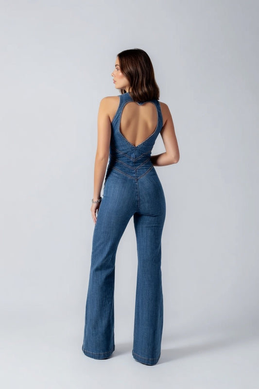 Retro Denim Jumpsuit Dames Slim Fit Stretch V-Hals