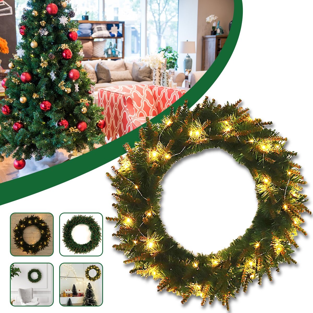 Kerstkrans met LED – Groene Deur- en Wanddecoratie voor Kerst